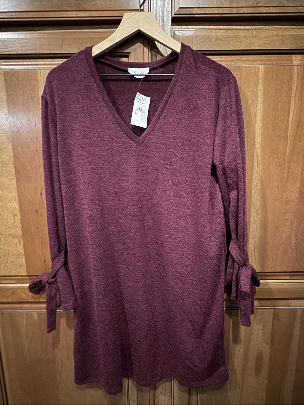 V-Neck Long Sleeve Tie-Sleeve Dress - Burgundy